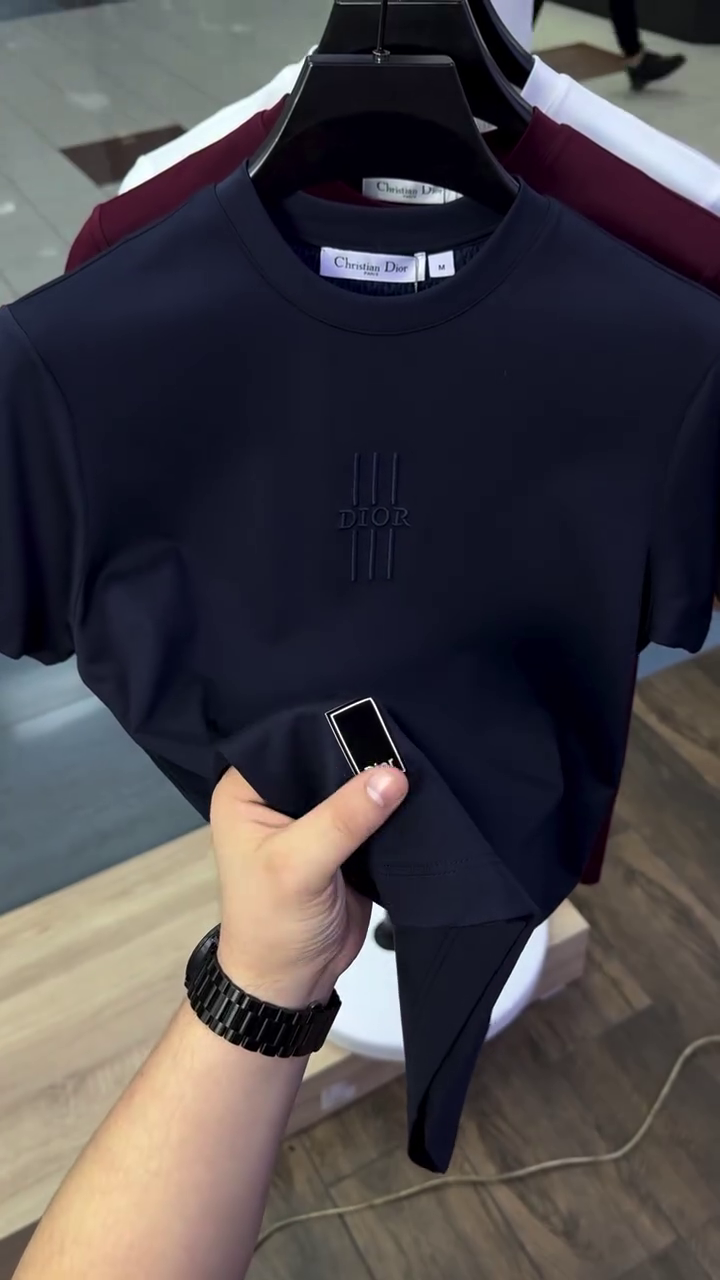 Midnight Navy Minimalist Crew Neck Short Sleeve Premium Cotton T-Shirt with Center Vertical Textured Stripe Embossed Detail and Small Hem Patch Accent 👕🌙