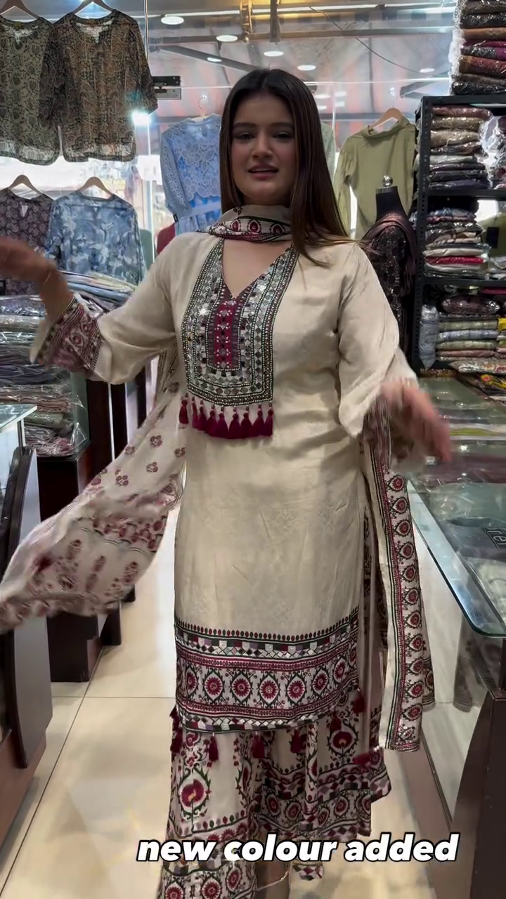 Beige & Maroon Ethnic Printed Kurta Set with Detailed Neck Panel, Tassel Accents & Coordinated Bottoms 🤎🌺