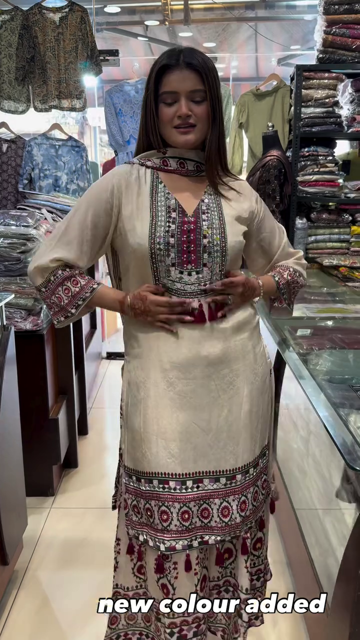 Beige & Maroon Ethnic Printed Kurta Set with Detailed Neck Panel, Tassel Accents & Coordinated Bottoms 🤎🌺