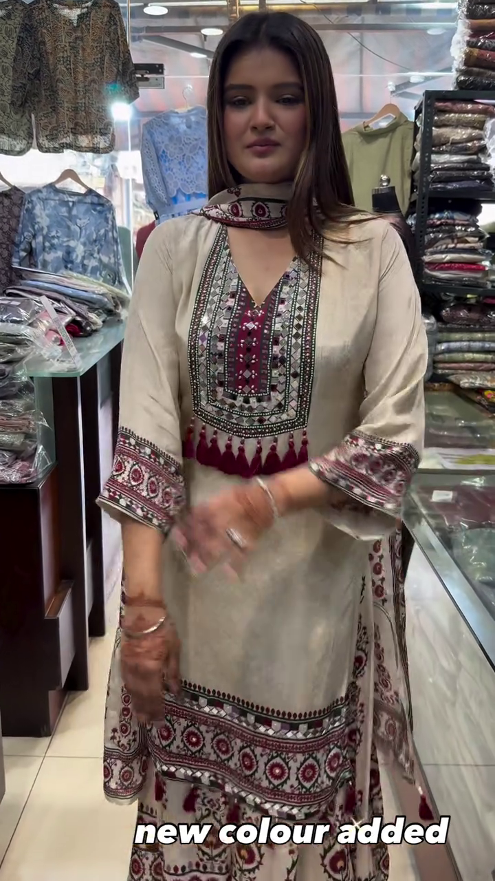Beige & Maroon Ethnic Printed Kurta Set with Detailed Neck Panel, Tassel Accents & Coordinated Bottoms 🤎🌺