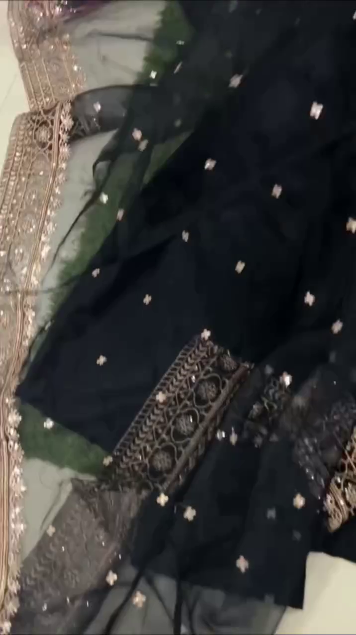 Midnight Black Traditional Suit with Heavy Gold Embroidered Sheer Dupatta & Gathered Kurta Design 🖤✨