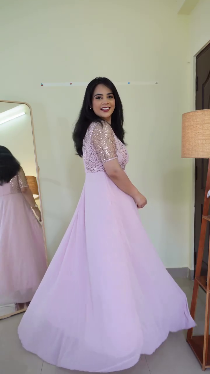 Blush Pink Floor-Length Empire Waist Gown with Sequined Half Sleeves & Square Neckline – Elegant Evening & Celebration Maxi Dress 🌸✨💫
