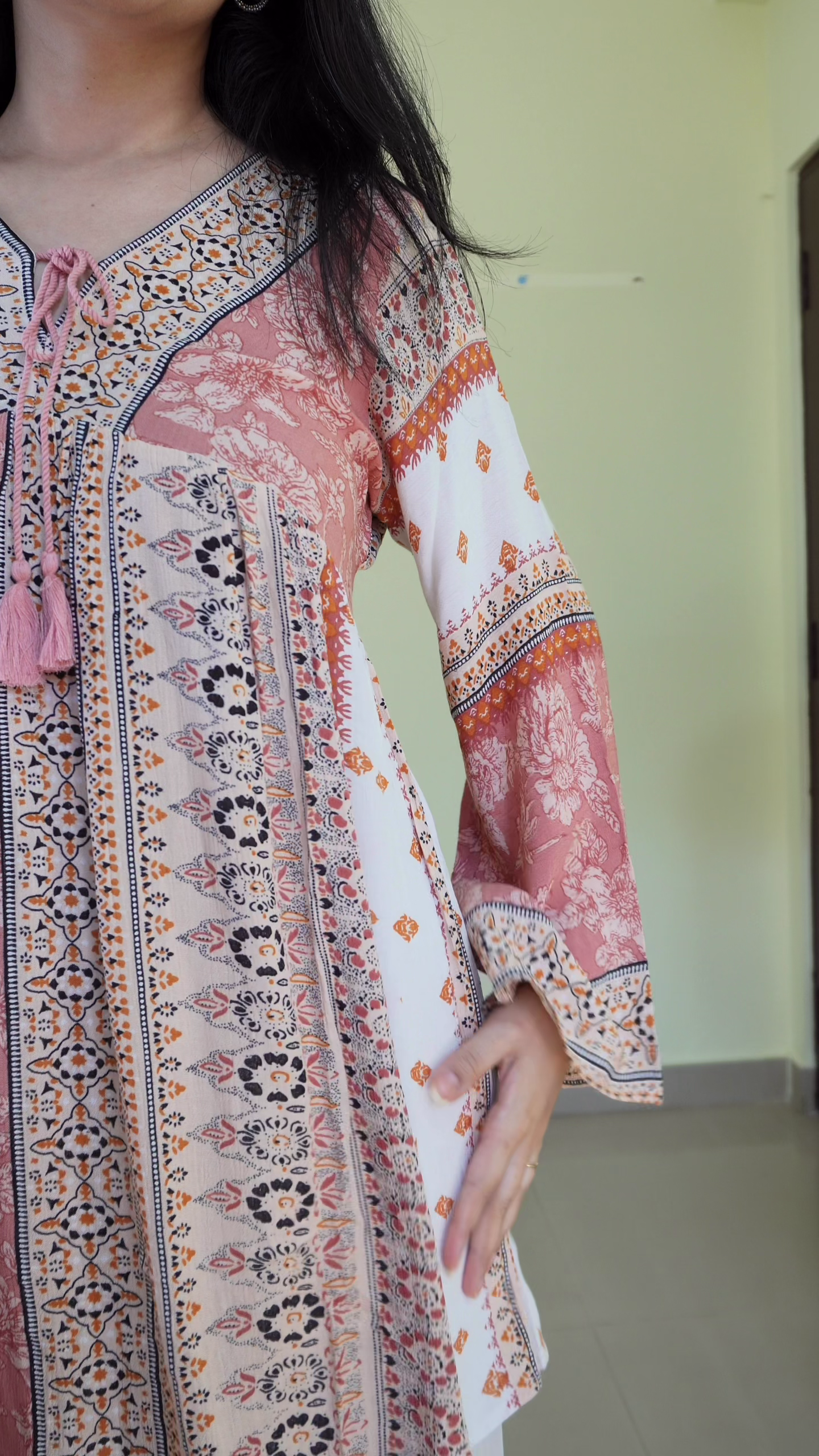 Dusty Rose & Ivory Mixed Print Bohemian Tunic Top with Tassel Tie-Up Neckline, Flowy Silhouette & Long Bell Sleeves – Relaxed Ethnic Casual Wear