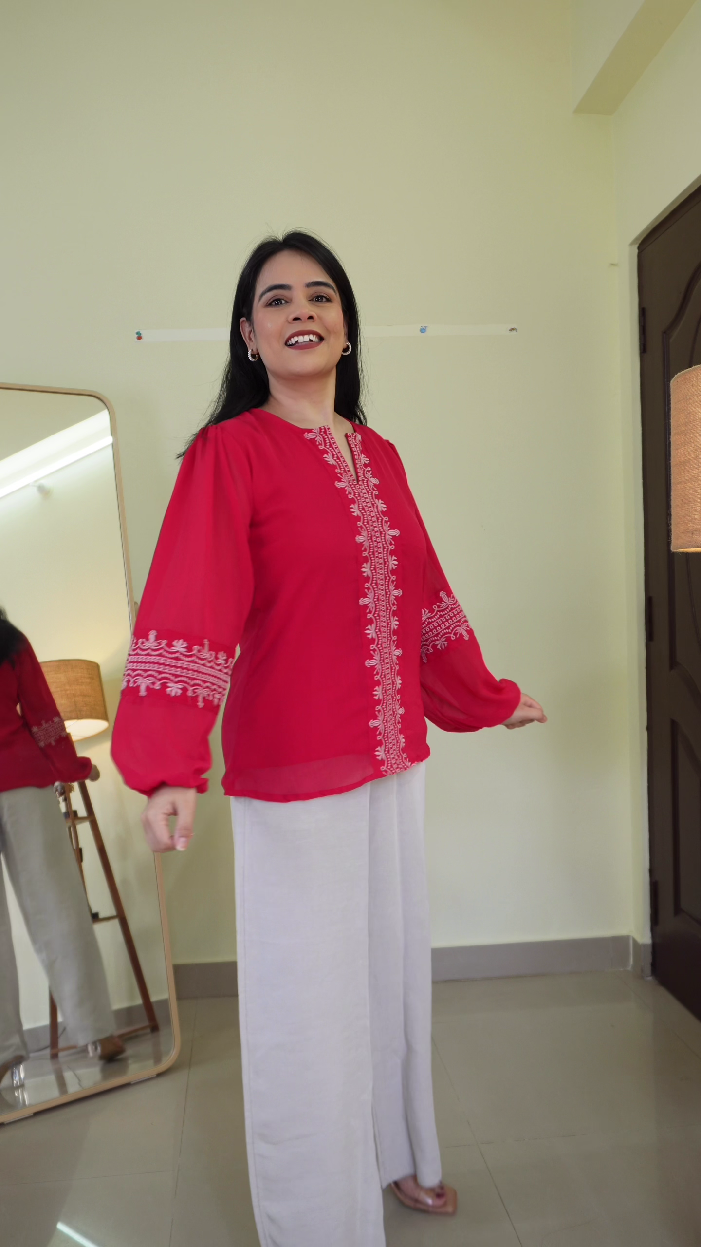 Dusty Rose & Ivory Mixed Print Bohemian Tunic Top with Tassel Tie-Up Neckline, Flowy Silhouette & Long Bell Sleeves – Relaxed Ethnic Casual Wear