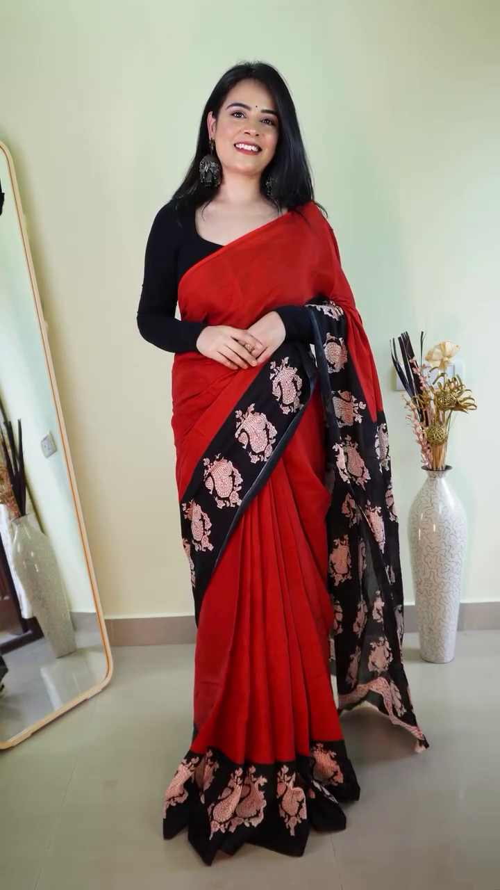 Beige & Black Geometric Printed Cotton Saree with Bold Black Border & Contemporary Sleeveless Blouse – Modern Minimal Ethnic Everyday Draped Wear