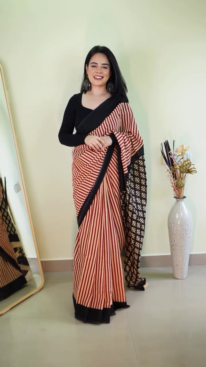 Beige & Black Geometric Printed Cotton Saree with Bold Black Border & Contemporary Sleeveless Blouse – Modern Minimal Ethnic Everyday Draped Wear
