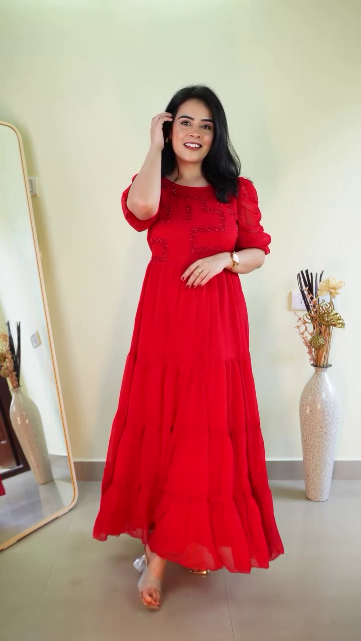 Bright Scarlet Red Embellished Tiered Maxi Gown with Puff Sleeves & Beaded Bodice Detailing – Statement Party & Celebration Flare Dress