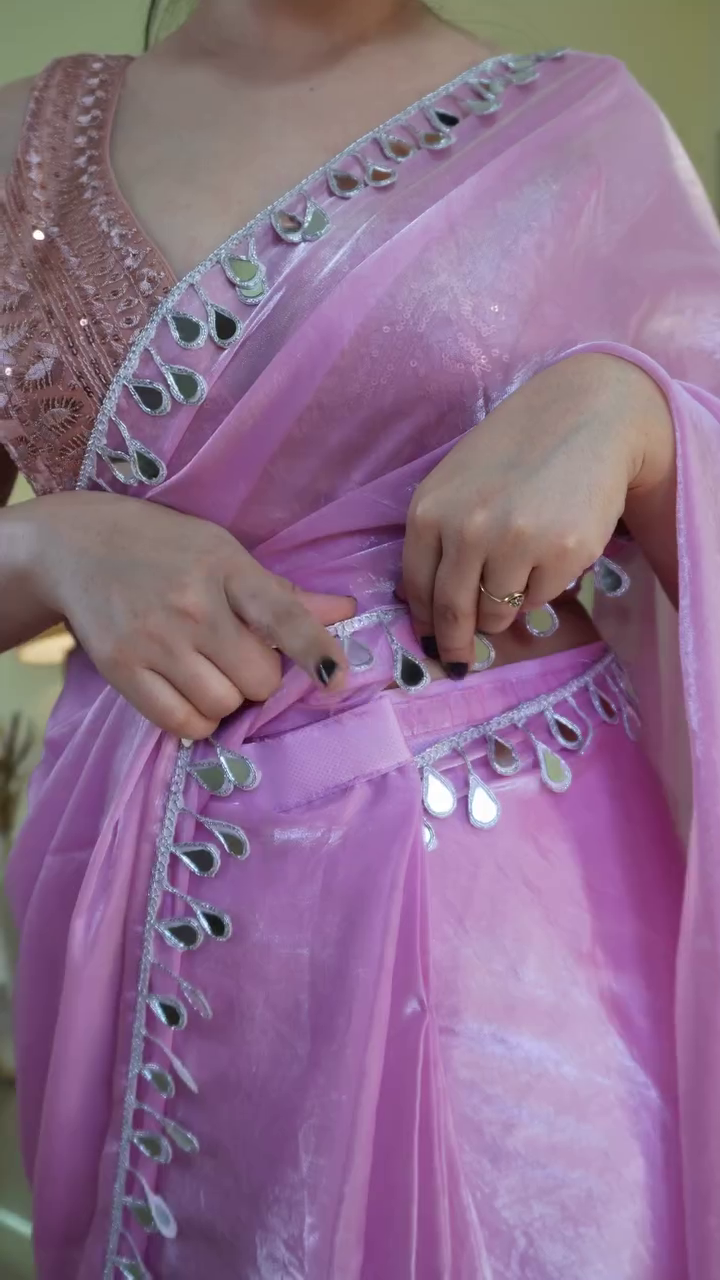 Pastel Lilac Sheer Organza Saree with Mirror-Work Border & Sequined Sleeveless Blouse – Elegant Festive & Wedding Occasion Ethnic Draped Ensemble