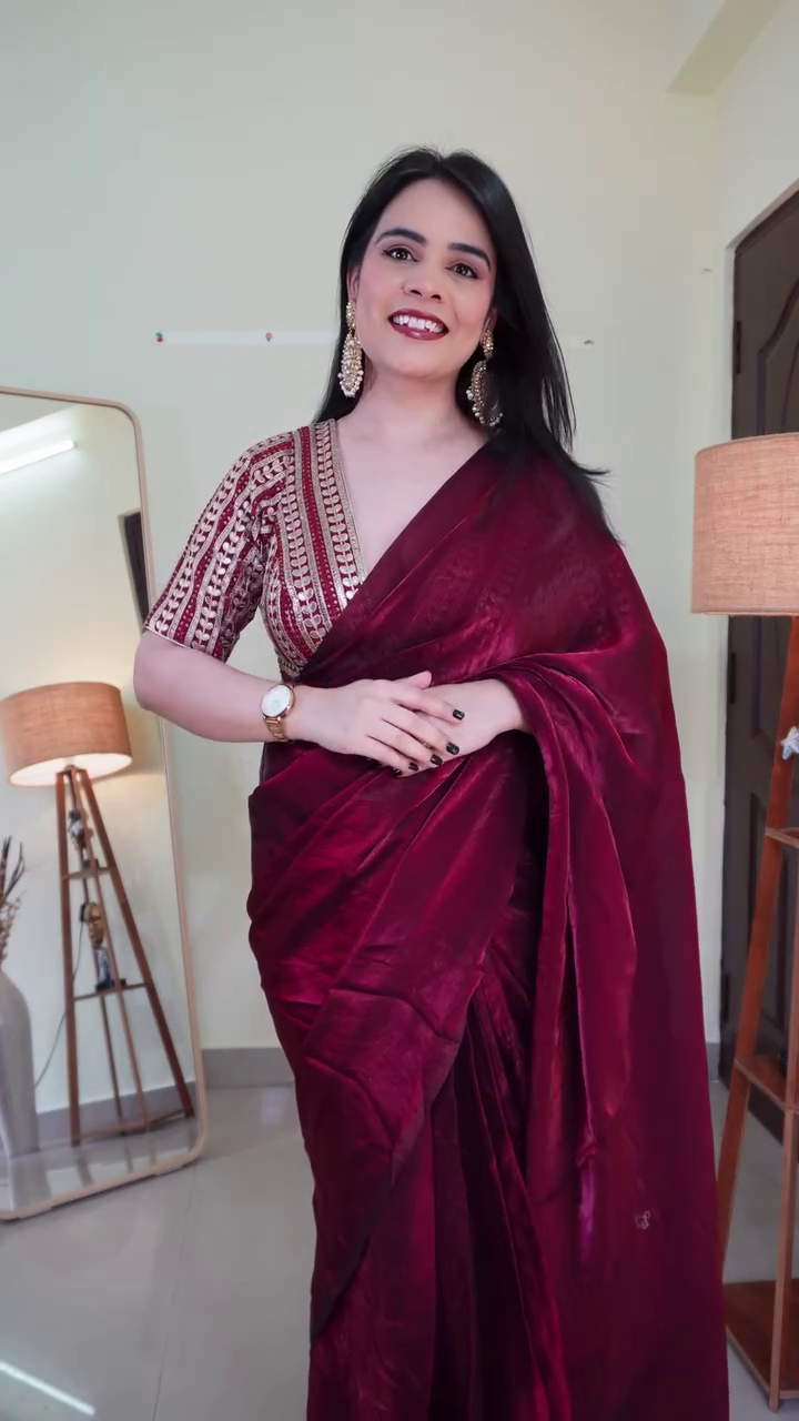 Pastel Lilac Sheer Organza Saree with Mirror-Work Border & Sequined Sleeveless Blouse – Elegant Festive & Wedding Occasion Ethnic Draped Ensemble