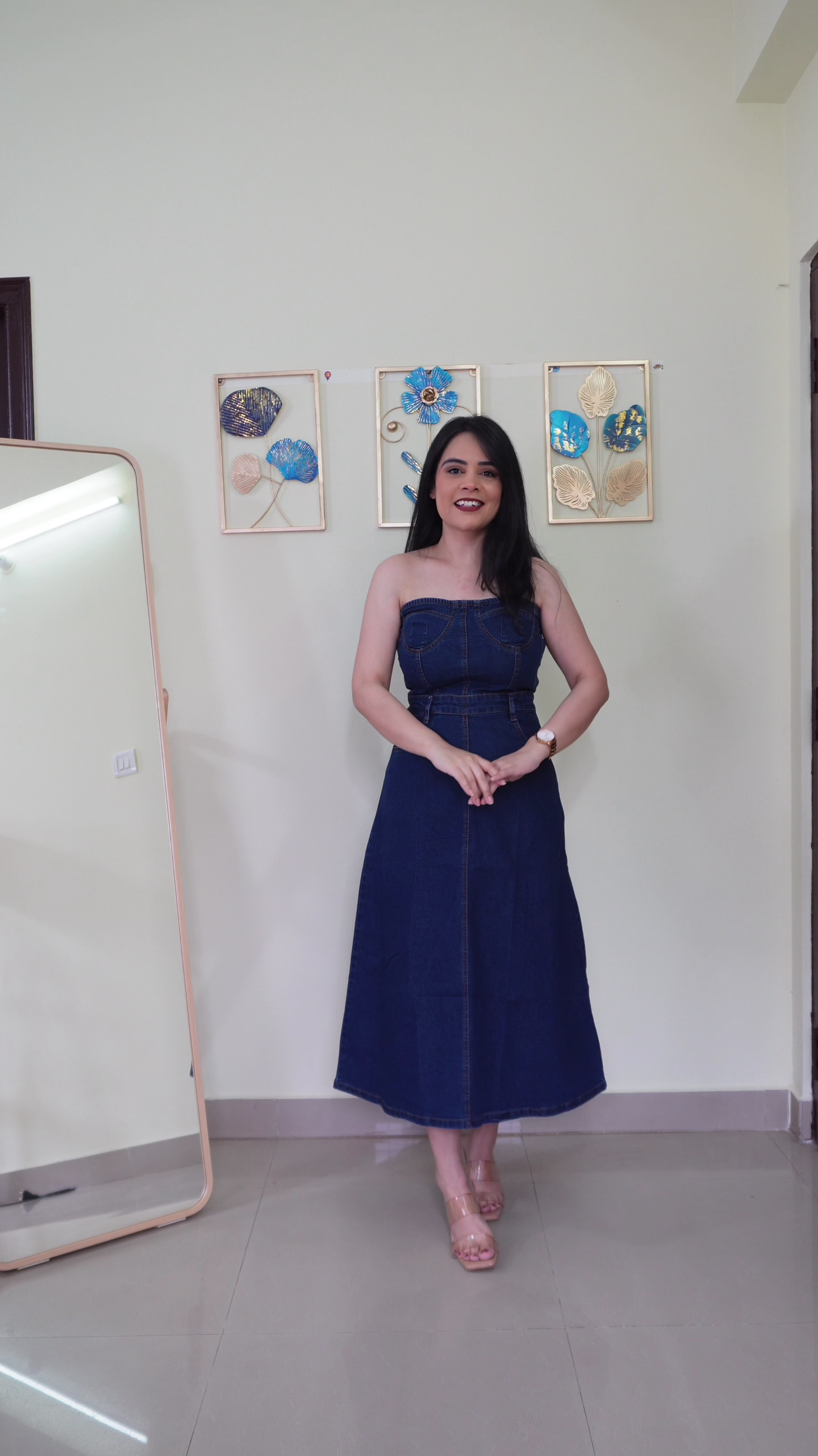 Dark Blue Strapless Structured Denim Midi Dress with Contoured Bust Paneling, Fitted High Waist & Flared A-Line Hem – Modern Minimal Chic Casual Statement Outfit