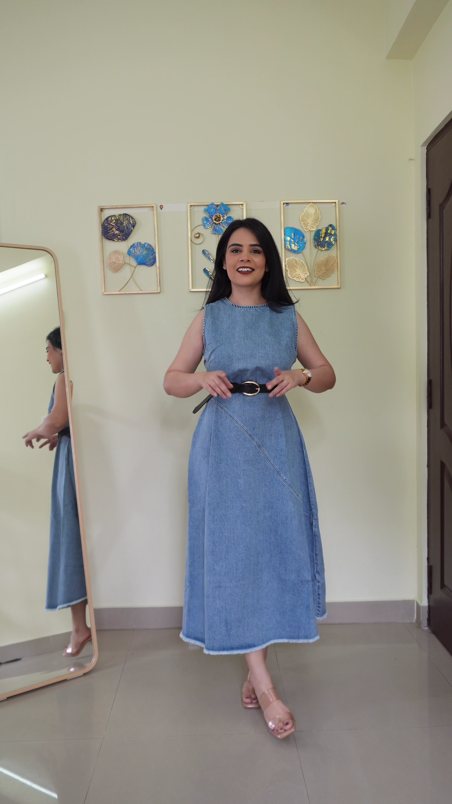 Dark Blue Strapless Structured Denim Midi Dress with Contoured Bust Paneling, Fitted High Waist & Flared A-Line Hem – Modern Minimal Chic Casual Statement Outfit