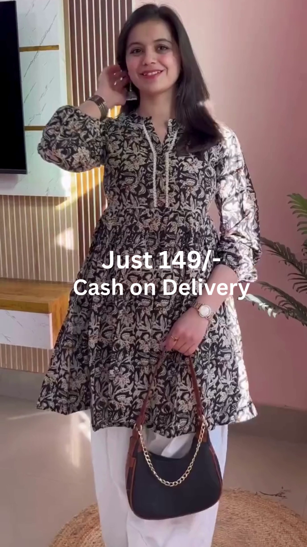 Coral Red Floral Printed Short Kurti with Relaxed Fit & Classic White Straight Palazzo Pants – Casual Daily Wear Lightweight Ethnic Fusion Outfit