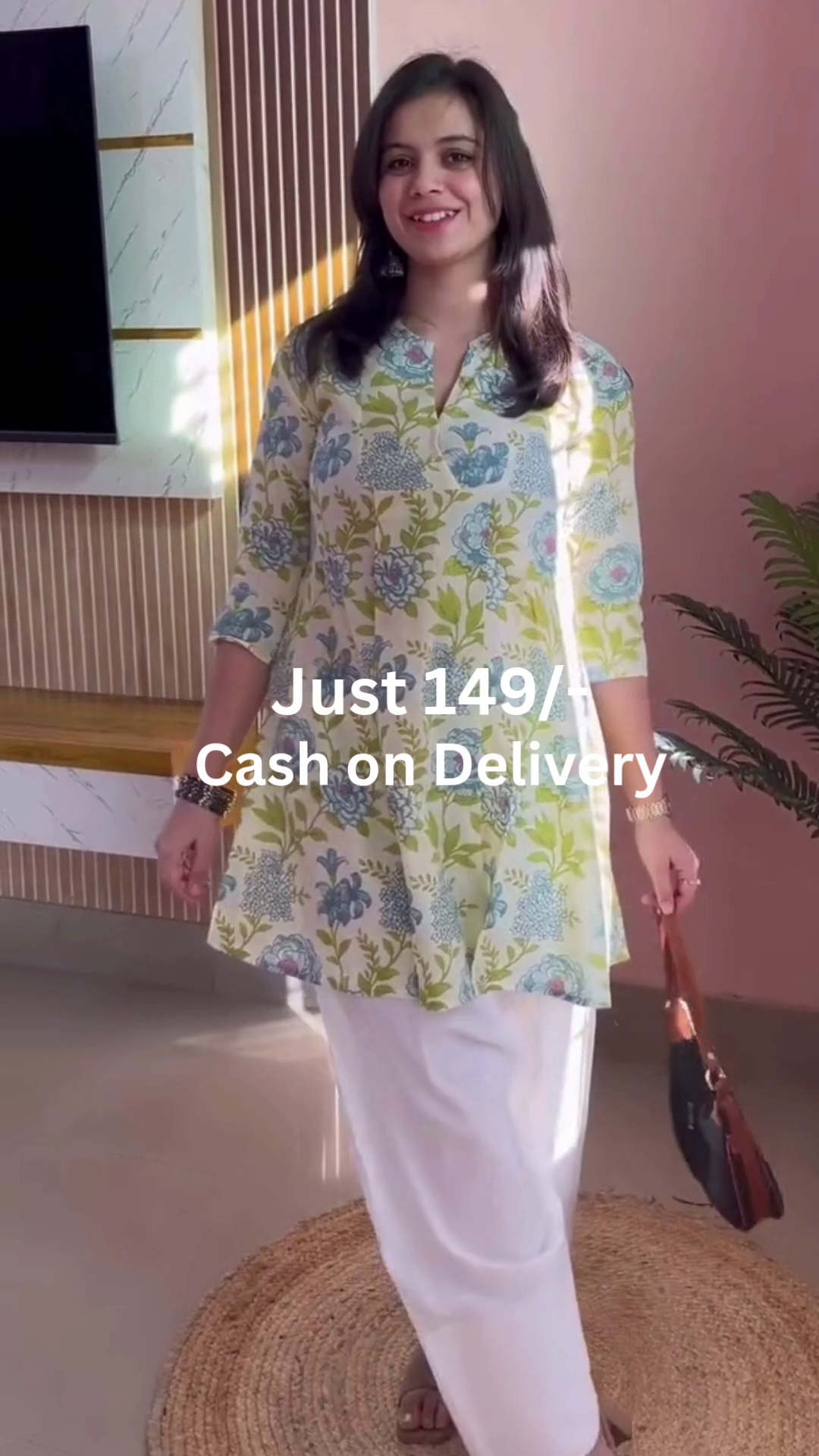Coral Red Floral Printed Short Kurti with Relaxed Fit & Classic White Straight Palazzo Pants – Casual Daily Wear Lightweight Ethnic Fusion Outfit