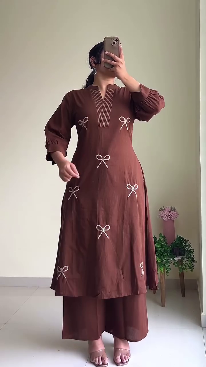 Elegant White A-Line Cotton Kurta Set with Teal & Navy Botanical Motif Prints, Pintuck Yoke Detailing & Wide Palazzo Pants – Minimal Ethnic Everyday Comfort Ensemble