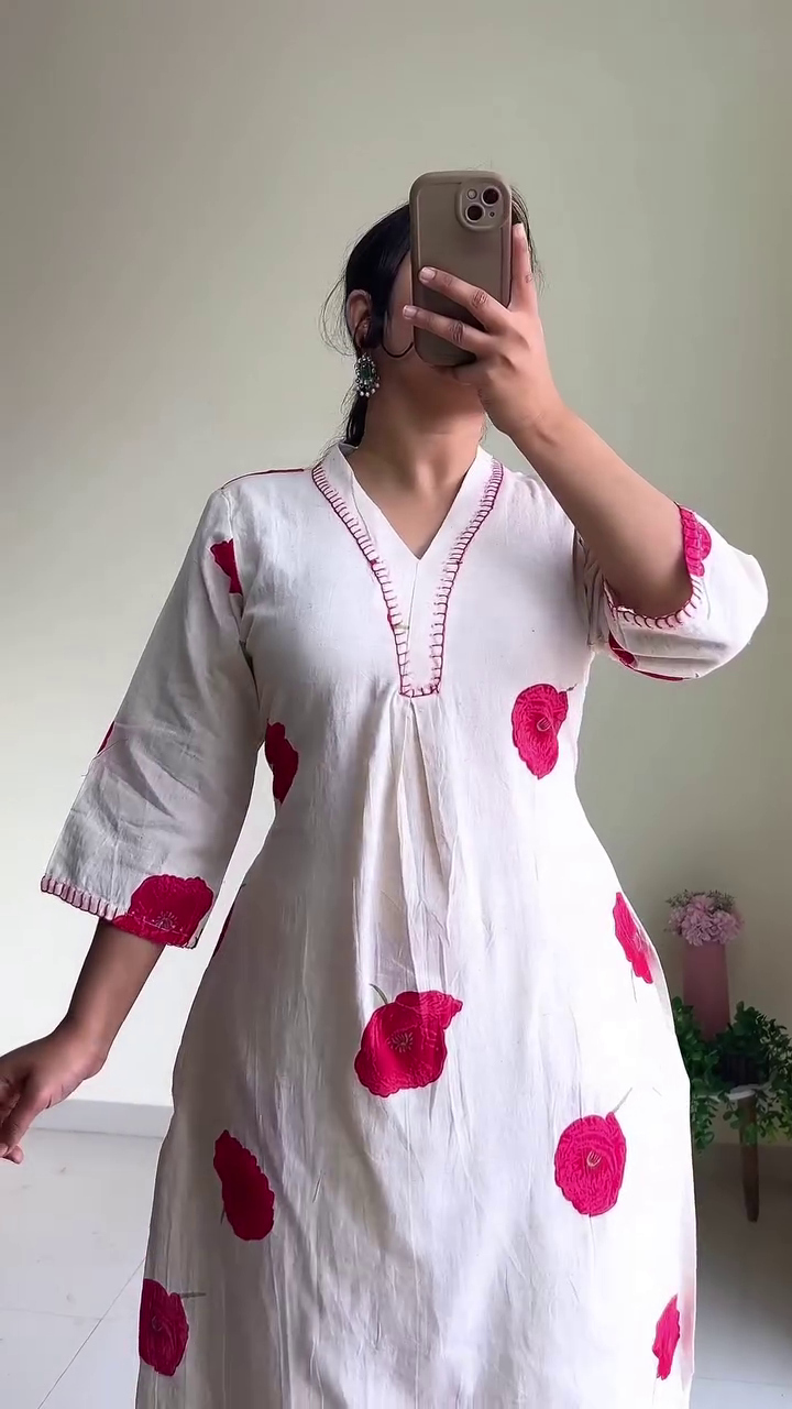 Elegant White A-Line Cotton Kurta Set with Teal & Navy Botanical Motif Prints, Pintuck Yoke Detailing & Wide Palazzo Pants – Minimal Ethnic Everyday Comfort Ensemble