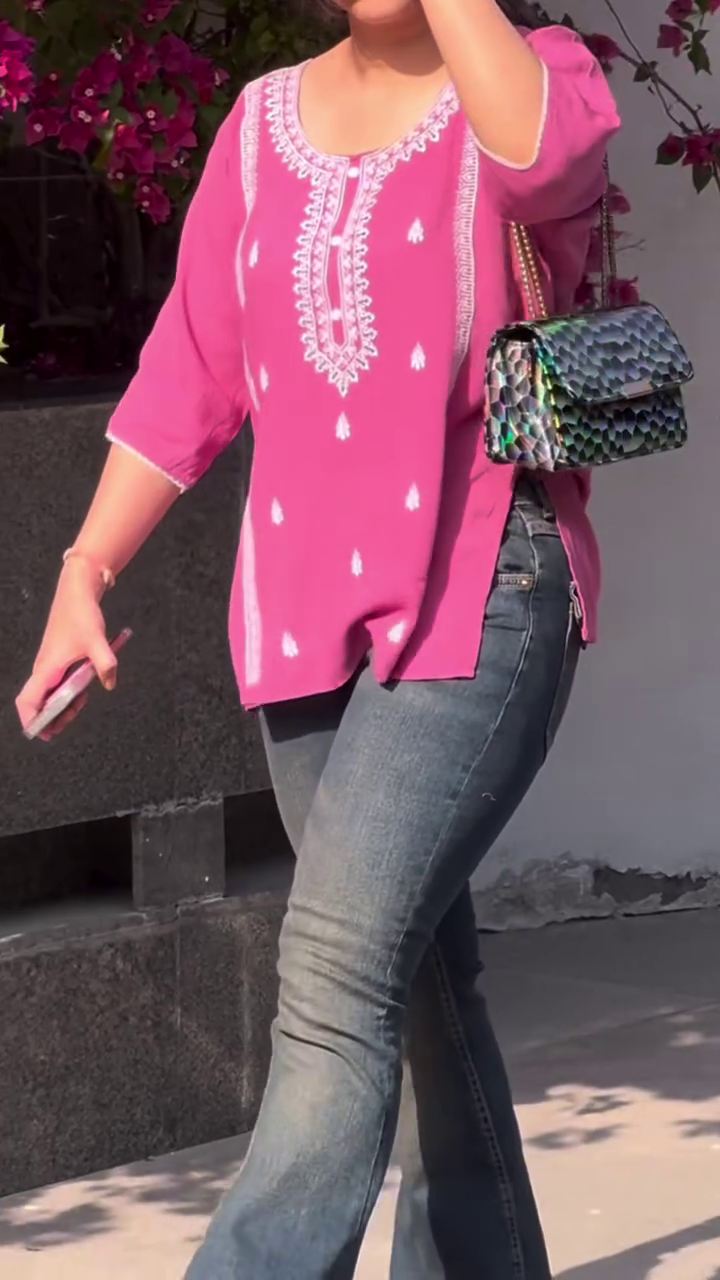 Pink Embroidered Top with Dark Jeans  with Bougainvillea Backdrop 🌸👕👖👜✨
