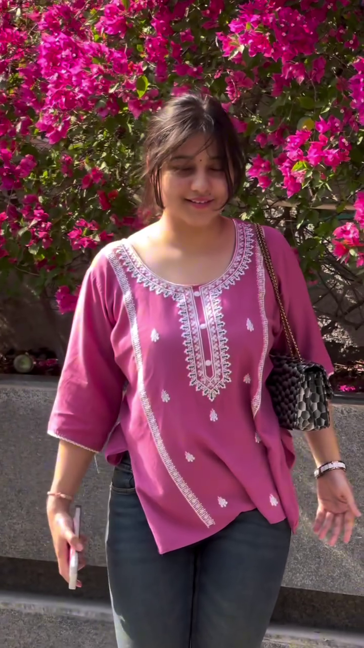 Pink Embroidered Top with Dark Jeans  with Bougainvillea Backdrop 🌸👕👖👜✨