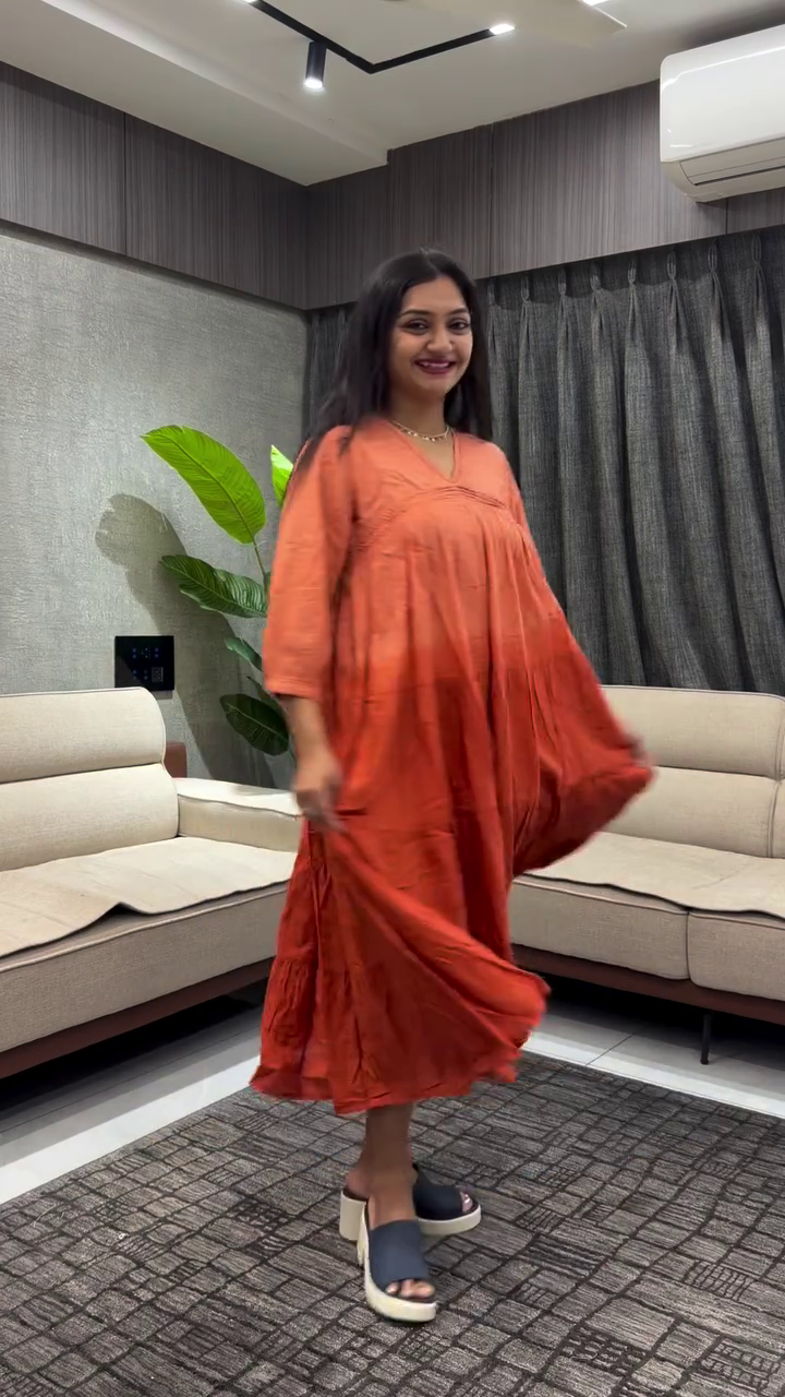 Peach-to-Orange Gradient Long Flowing Dress with V-Neckline and Three-Quarter Sleeves Elegant Contemporary Outfit 🌅👗✨