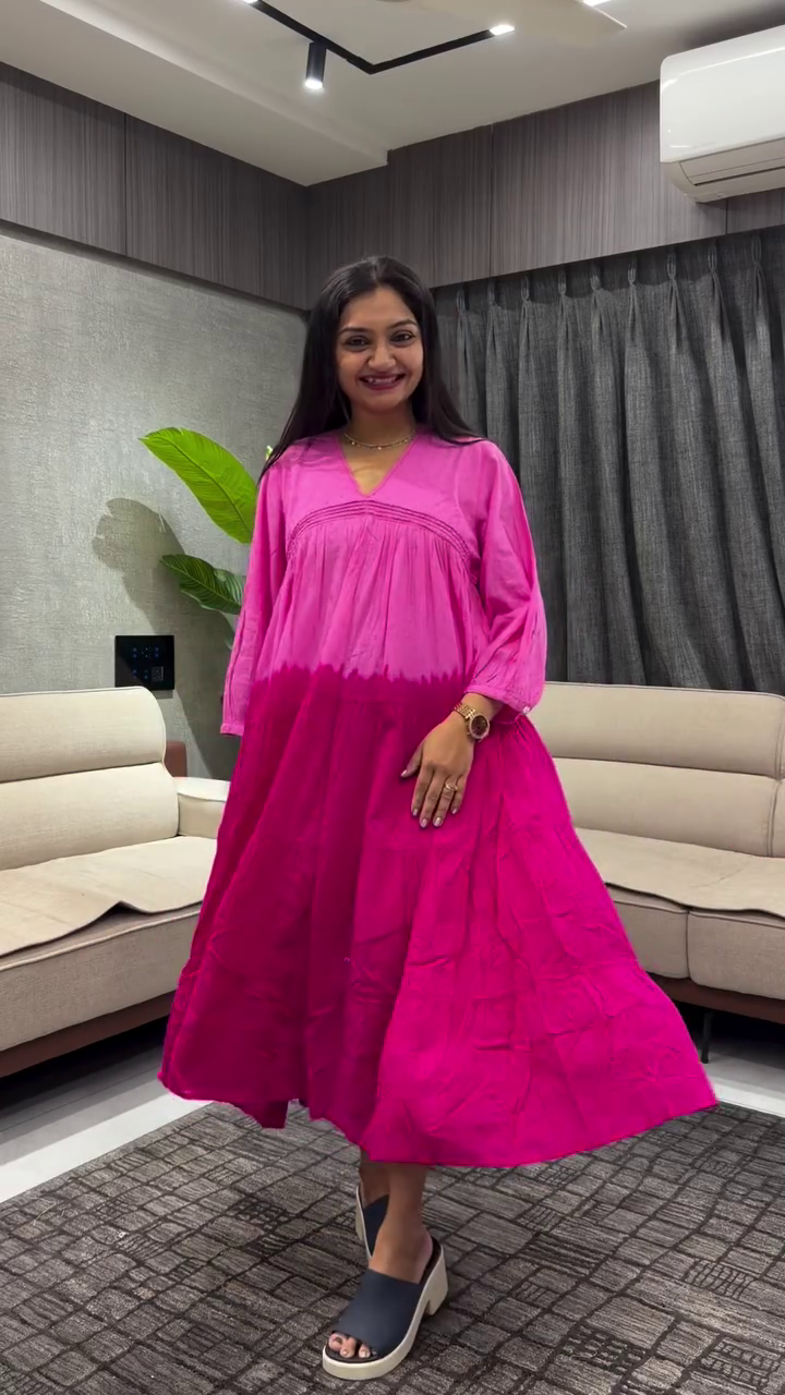 Peach-to-Orange Gradient Long Flowing Dress with V-Neckline and Three-Quarter Sleeves Elegant Contemporary Outfit 🌅👗✨