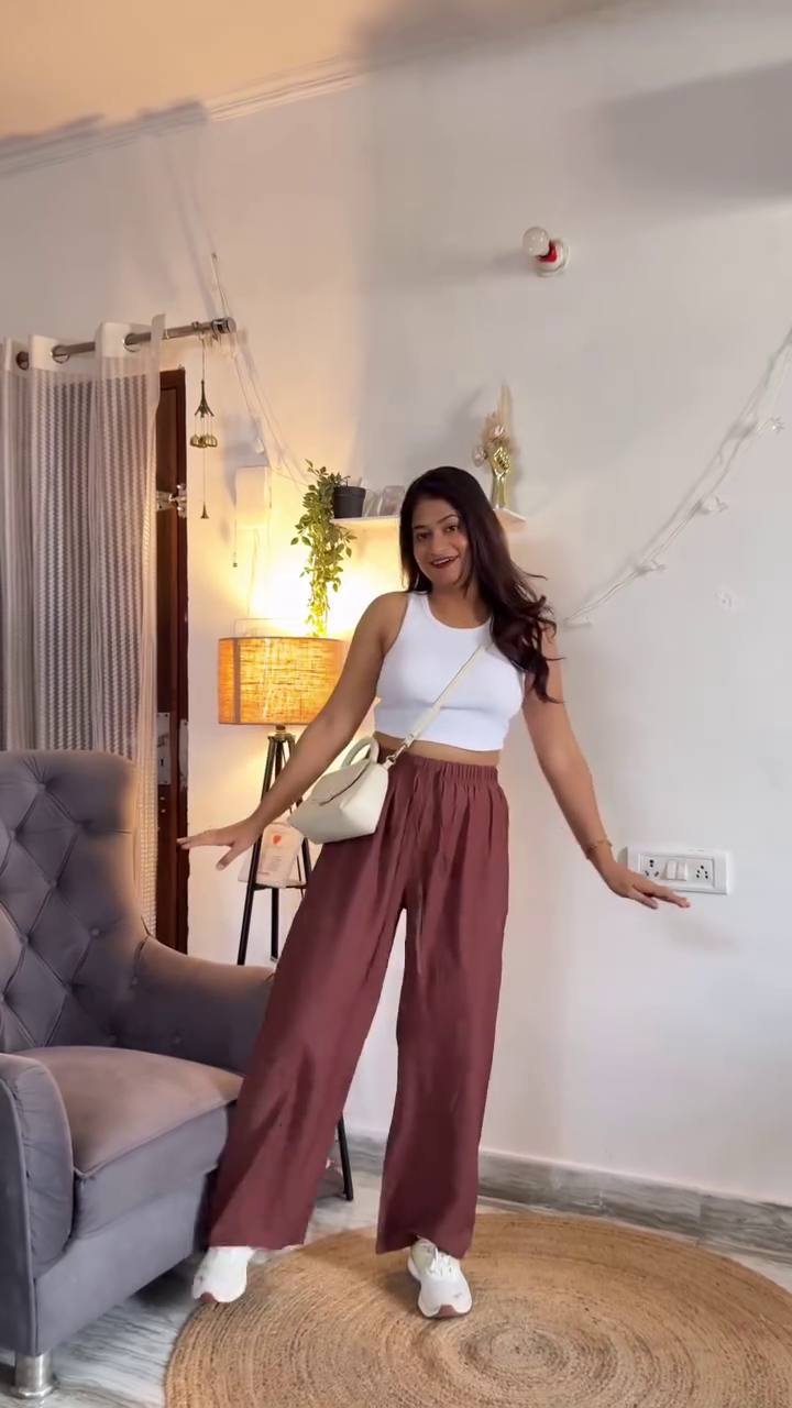 White Crop Top with High-Waisted Maroon Wide-Leg Pants and Crossbody Bag Casual Indoor Lifestyle Ensemble 🤍👕🍷👖🎒✨