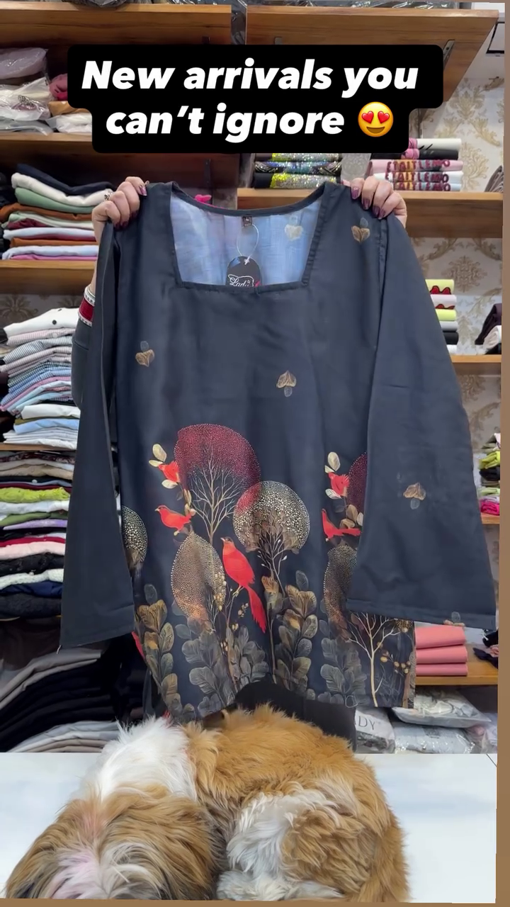 Cream Traditional Kurta with Pastoral Printed Scene Featuring Trees, Peacocks, Cows, and Woman Carrying Pot Alongside Small Floral Motifs Elegant Cultural Garment 🌿👗🦚🐄✨