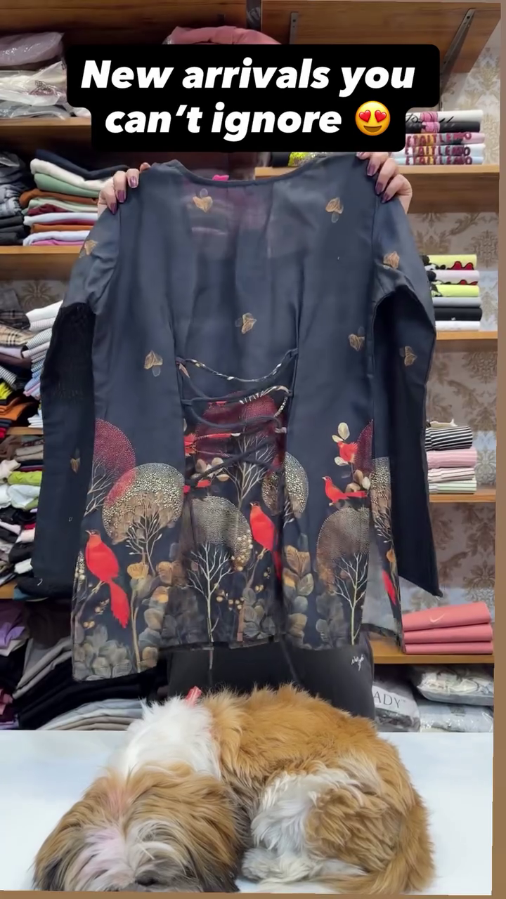 Cream Traditional Kurta with Pastoral Printed Scene Featuring Trees, Peacocks, Cows, and Woman Carrying Pot Alongside Small Floral Motifs Elegant Cultural Garment 🌿👗🦚🐄✨
