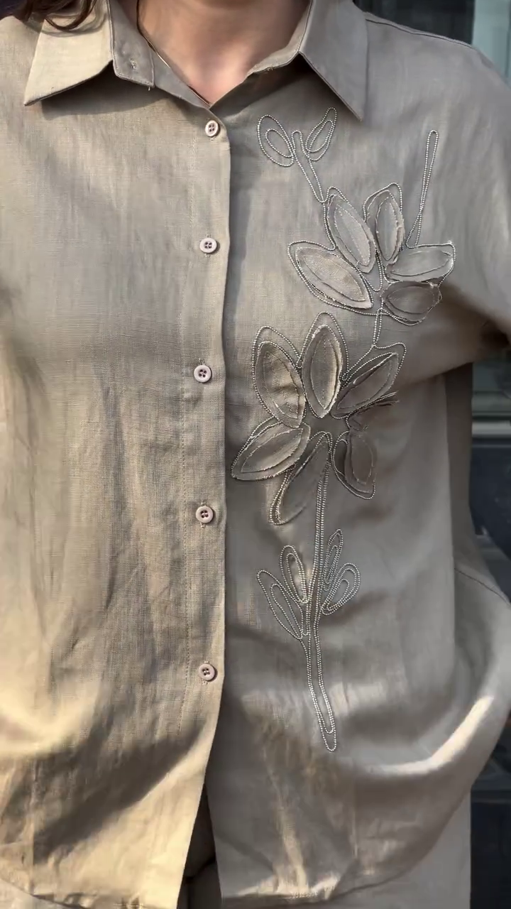 Bright Yellow Collared Button-Up Shirt with Large Floral Embroidery and Loose White Pants Casual Contemporary Ensemble 🌼👔👖✨
