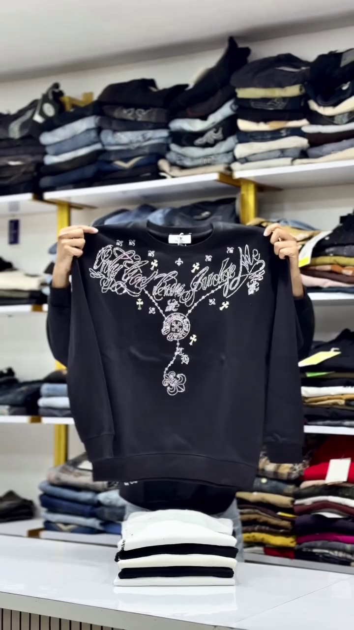 White Sweatshirt with Ornate Silver Script and Decorative Flourishes Casual Contemporary Streetwear Top 🤍👕✨