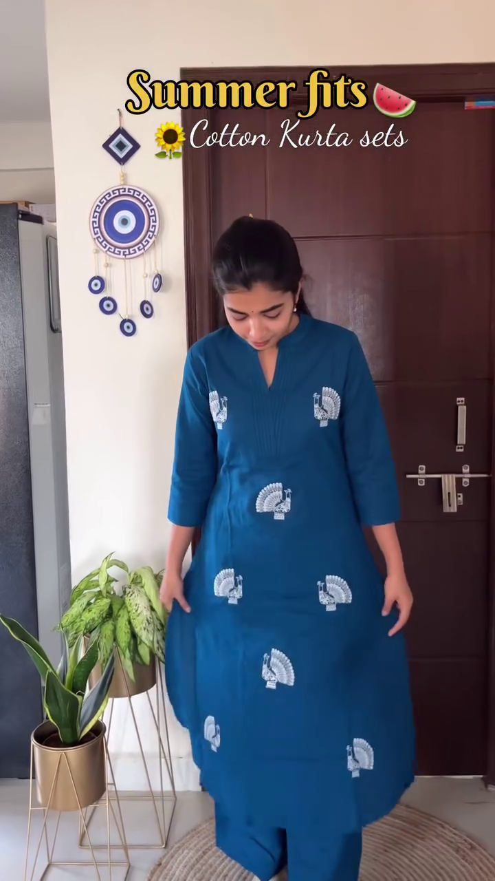White Cotton Kurta Set with Dark Blue Embroidery and Floral Print Featuring Blue Flowers and Green Stems Elegant Summer Ensemble 🤍👗🌼🌿✨