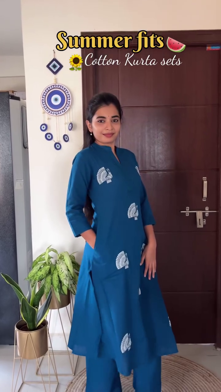 White Cotton Kurta Set with Dark Blue Embroidery and Floral Print Featuring Blue Flowers and Green Stems Elegant Summer Ensemble 🤍👗🌼🌿✨