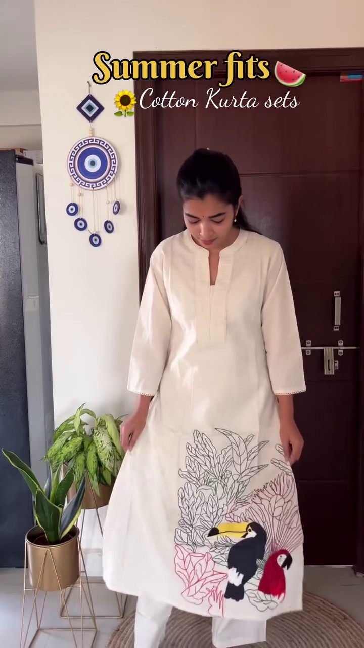 White Cotton Kurta Set with Dark Blue Embroidery and Floral Print Featuring Blue Flowers and Green Stems Elegant Summer Ensemble 🤍👗🌼🌿✨
