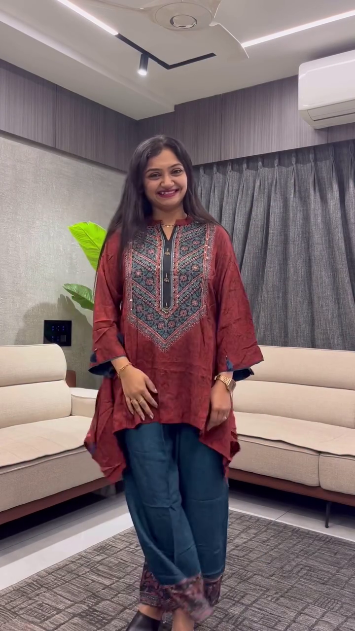 Maroon Embroidered Kurti with Blue Palazzo Pants Featuring Matching Border Elegant Traditional Ensemble 🌸👗👖✨