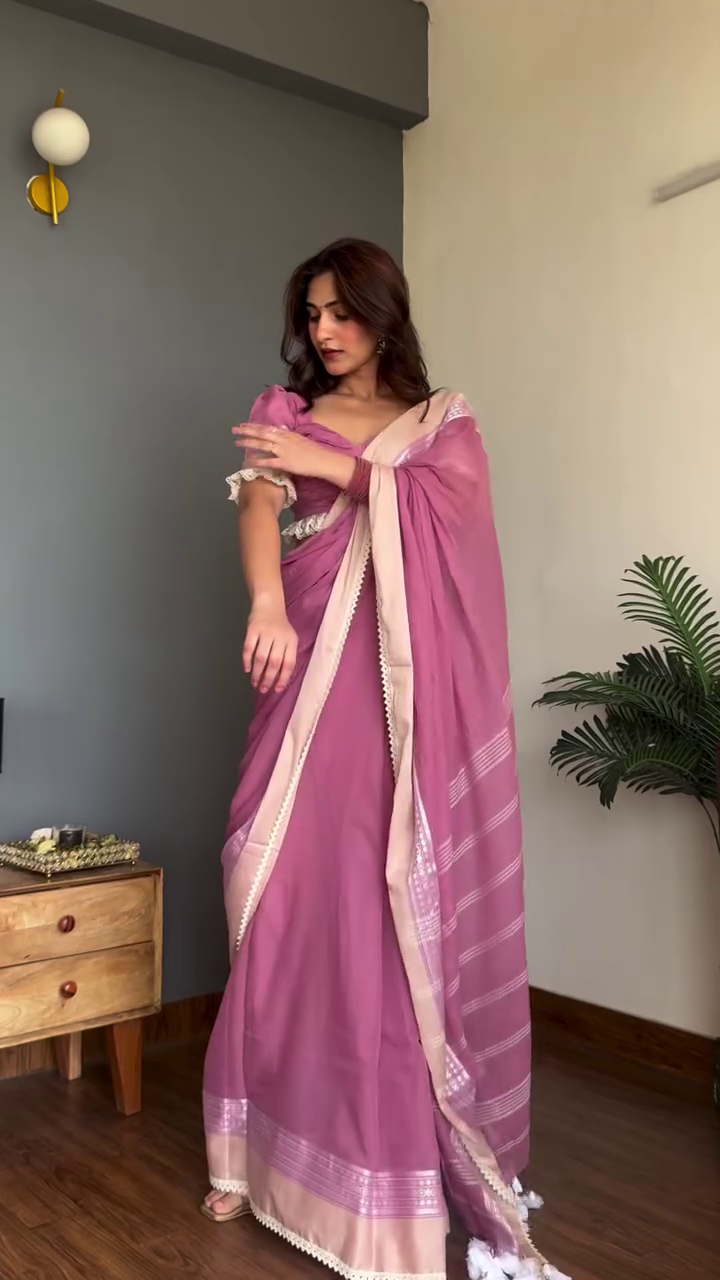 Pink Saree with Light Beige Borders and Intricate Detailing Accessorized with Matching Bangles Elegant Traditional Ensemble 🌸👗🌿✨