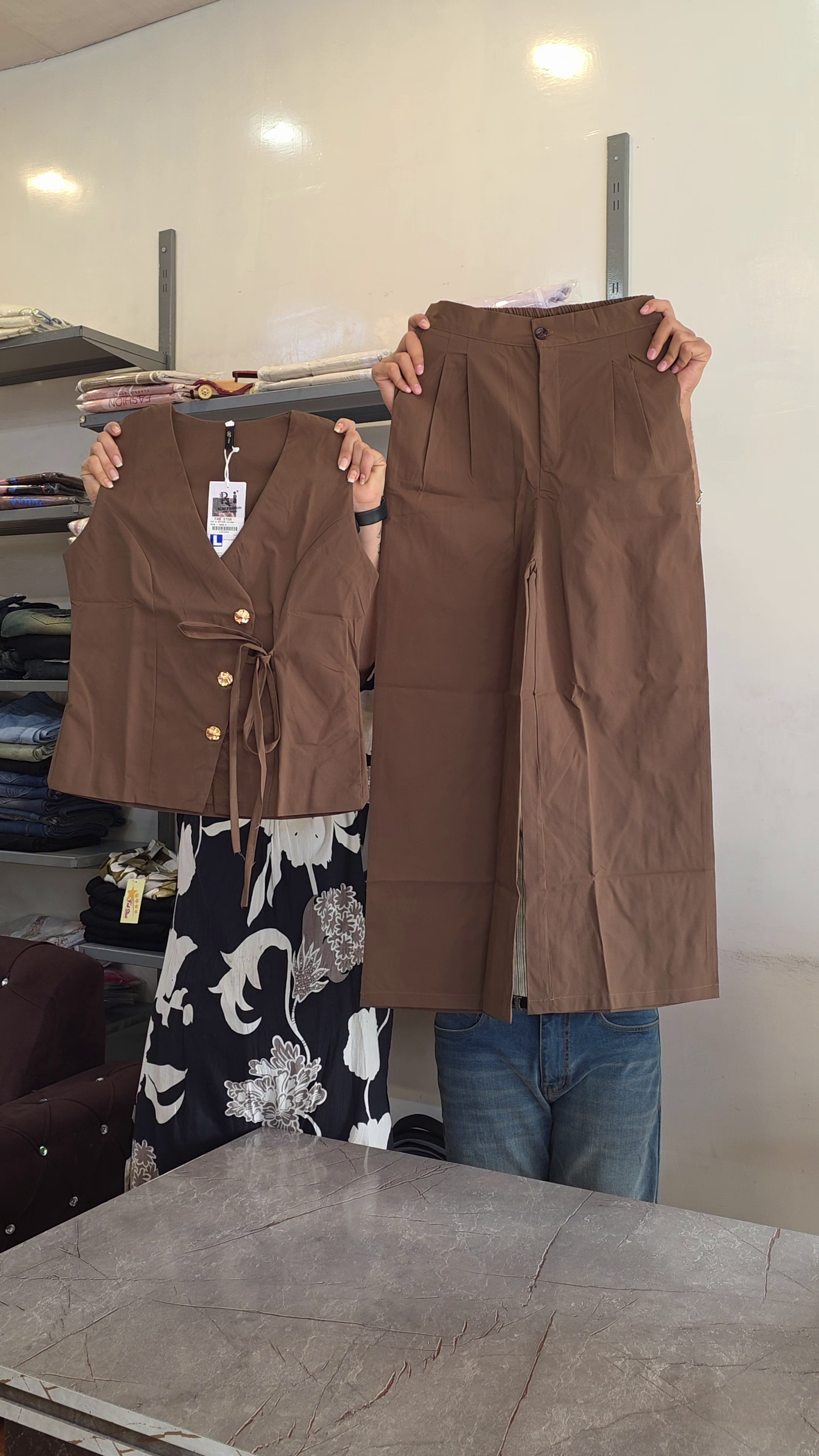 Olive Green Sleeveless Vest with Gold Buttons and Waist Tie Coordinated with Matching Wide-Leg Trousers Elegant Contemporary Ensemble 🌿👕👖✨