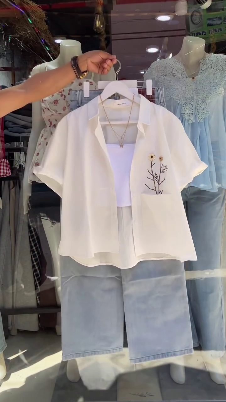 Minimal Chic White Co-Ord Set with Embroidered Shirt, Inner Top & Denim Culottes 🤍✨👖