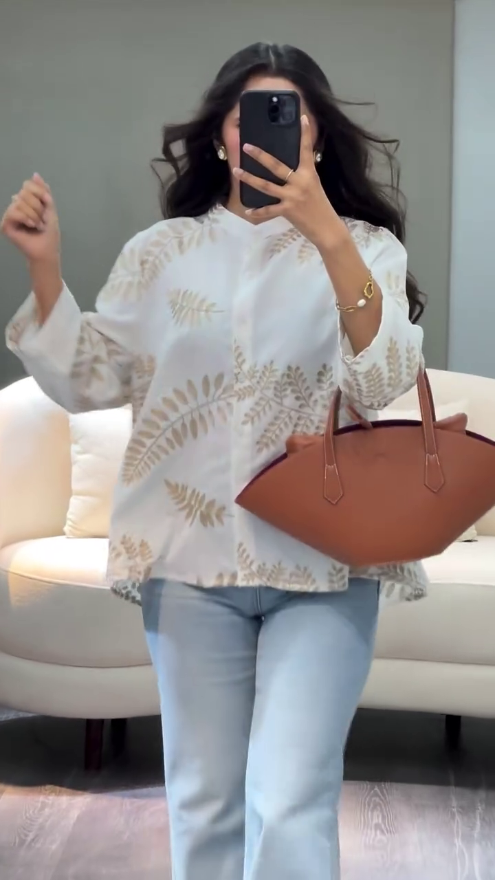 Elegant Ivory Leaf Print Oversized Shirt with Minimal Luxe Everyday Style 🤍🌿✨