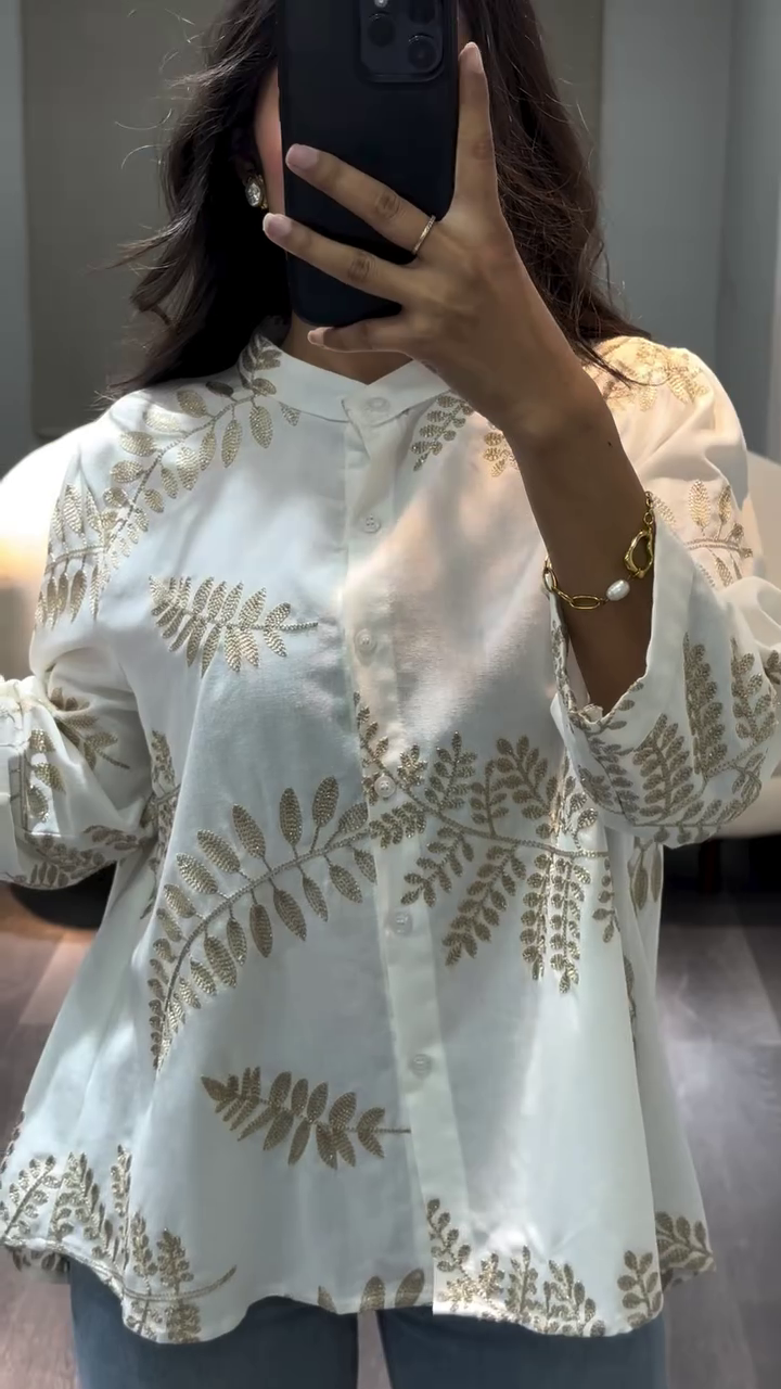 Elegant Ivory Leaf Print Oversized Shirt with Minimal Luxe Everyday Style 🤍🌿✨