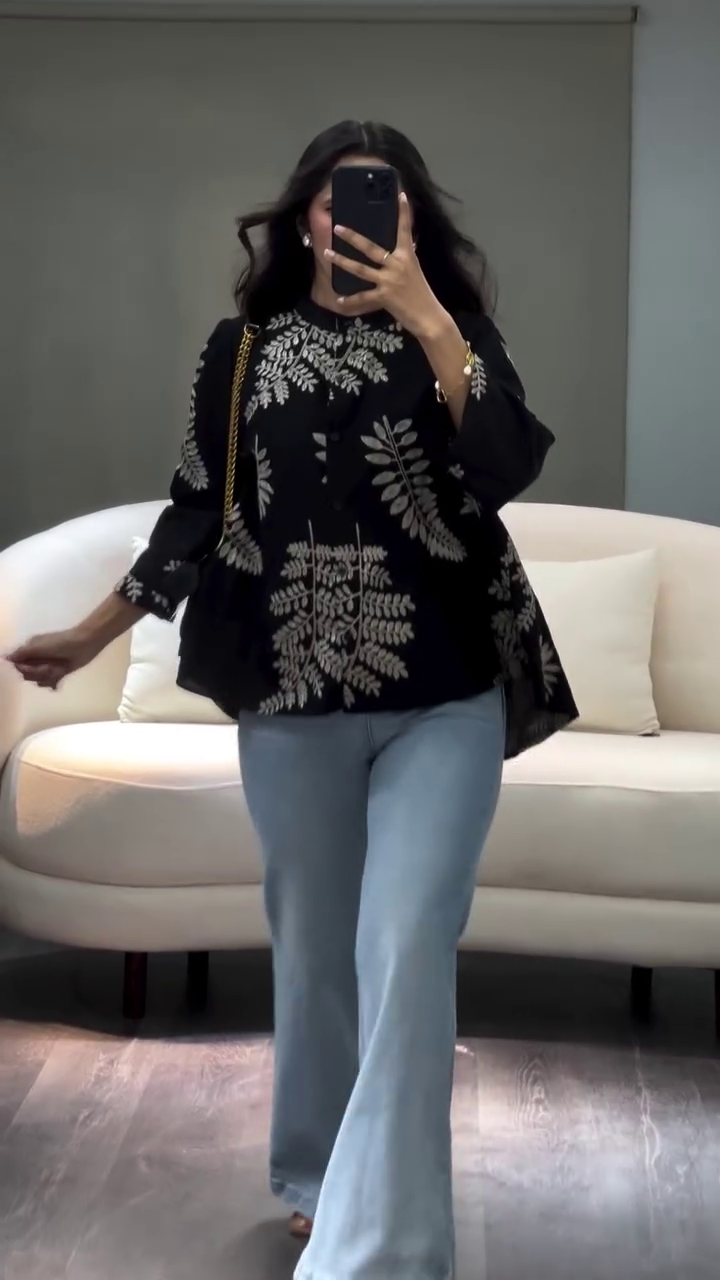 Elegant Ivory Leaf Print Oversized Shirt with Minimal Luxe Everyday Style 🤍🌿✨