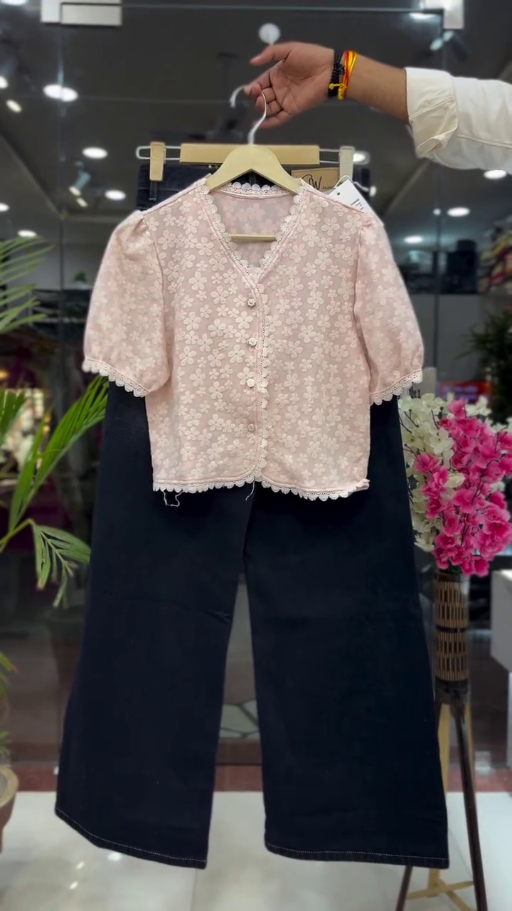 Blush Bloom Lace Button Crop Top with Classic Black Wide-Leg Pants Co-Ord Set 🌸🖤✨