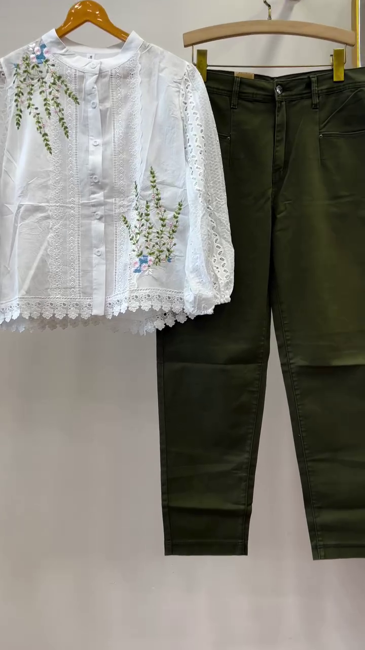 Elegant Garden Embroidered White Shirt & Olive Pants Set 🤍🌿✨