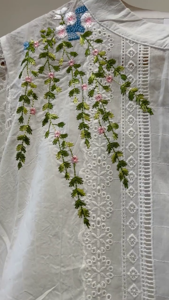 Elegant Garden Embroidered White Shirt & Olive Pants Set 🤍🌿✨