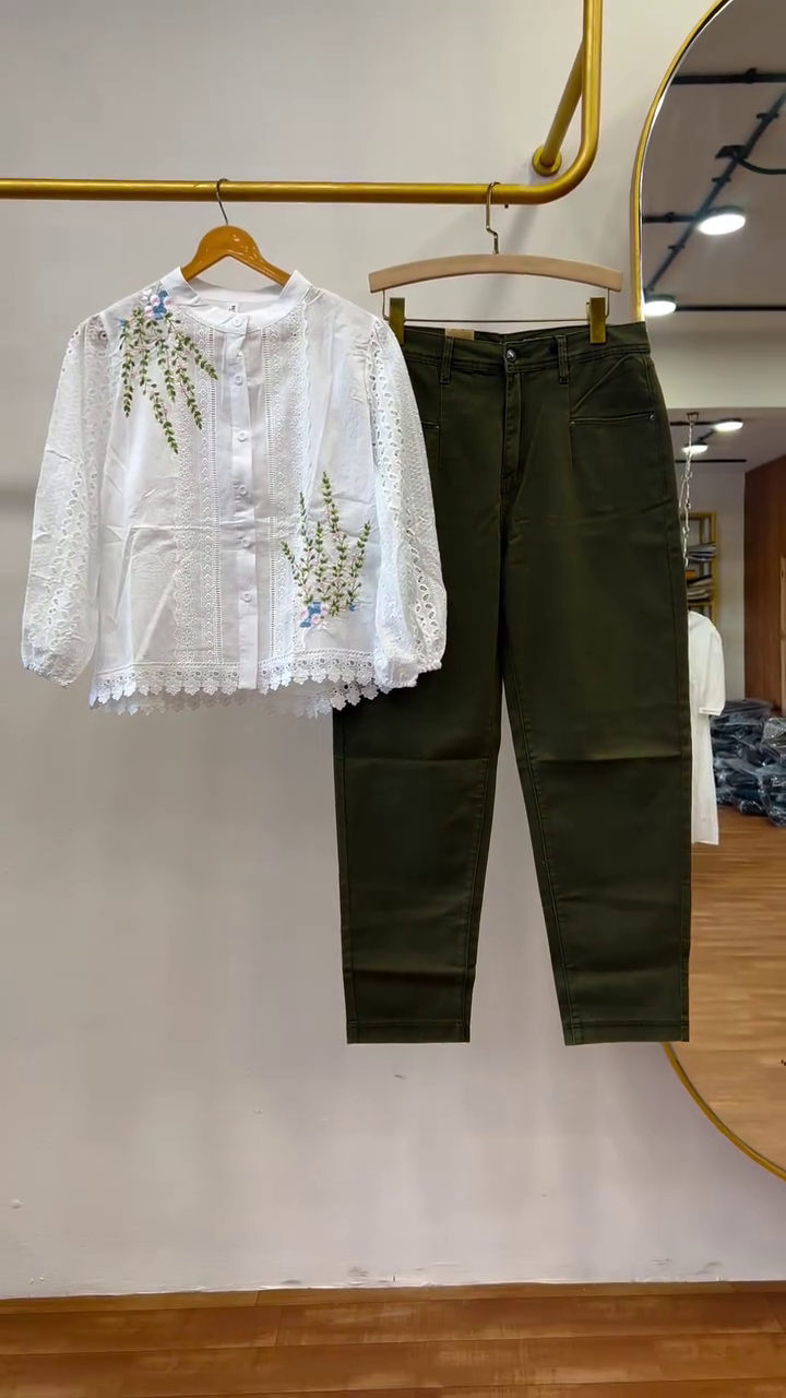 Elegant Garden Embroidered White Shirt & Olive Pants Set 🤍🌿✨