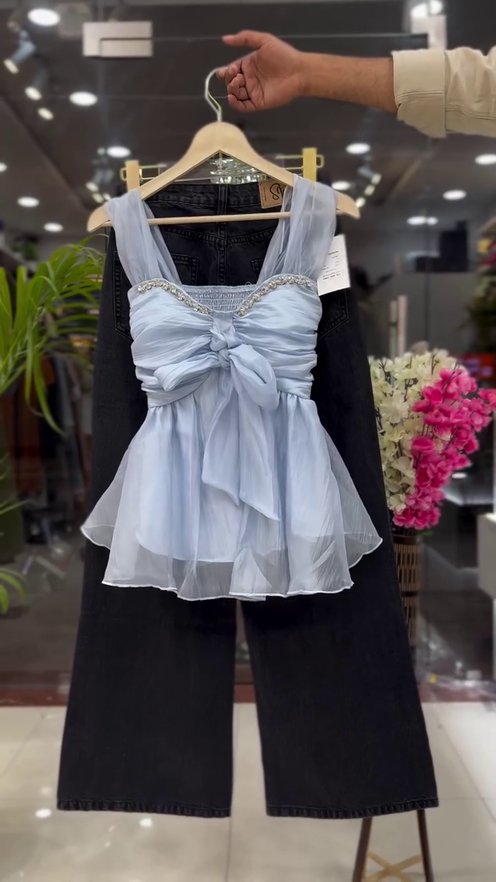 Chic Princess White Organza Top & Denim Combo 🤍👗✨