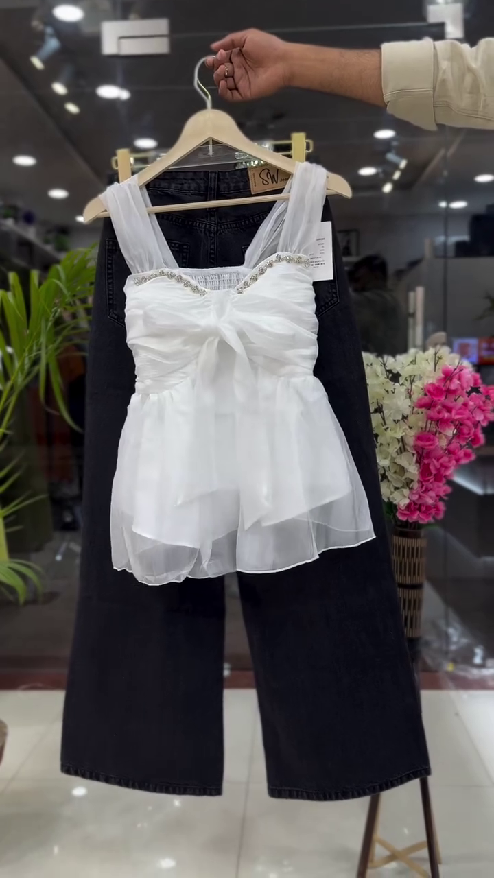 Chic Princess White Organza Top & Denim Combo 🤍👗✨