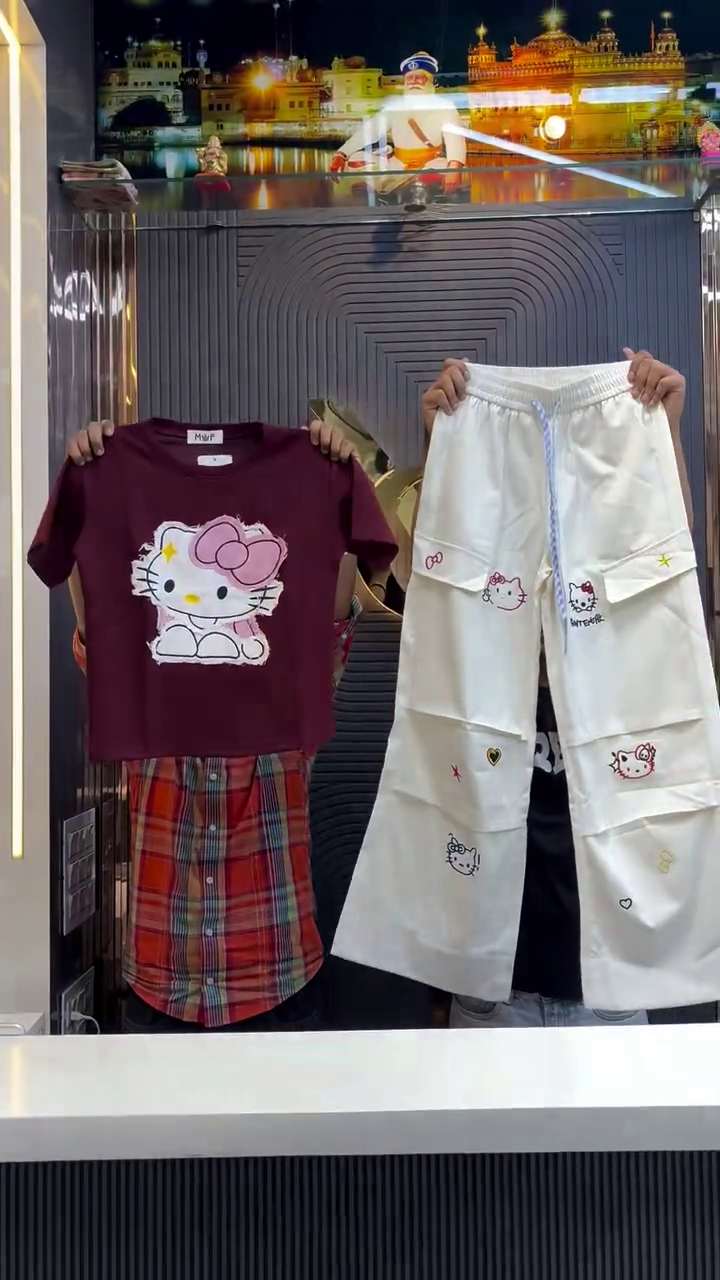Cute Pop Cartoon Tee & Cargo Pants Co-Ord Set 💕🐱✨