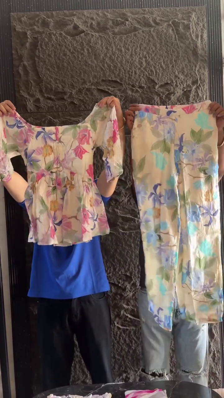 🌸💙 Dreamy Watercolor Floral Print Puff Sleeve Peplum Top & Matching Wide-Leg Trouser Summer Co-Ord Fashion Set 💙🌸✨