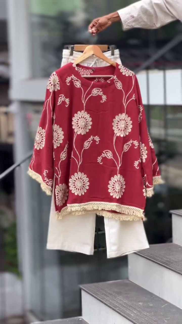 ❤️🌼 Premium Floral Embroidered Ethnic Tunic Top & Classic Straight Trouser Elegant Two-Piece Fashion Co-Ord Set 🌼❤️✨