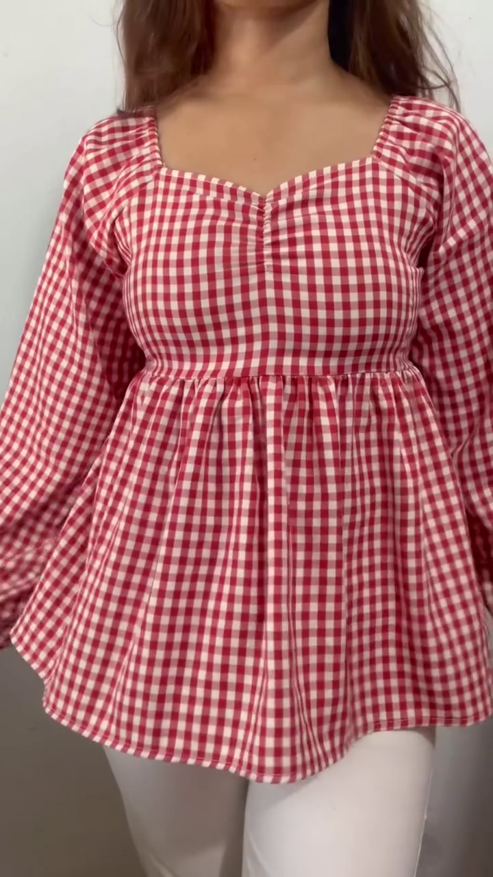 ❤️🤍 Sweetheart Neck Gingham Check Peplum Blouse Casual Chic Feminine Fashion Top ❤️🤍✨