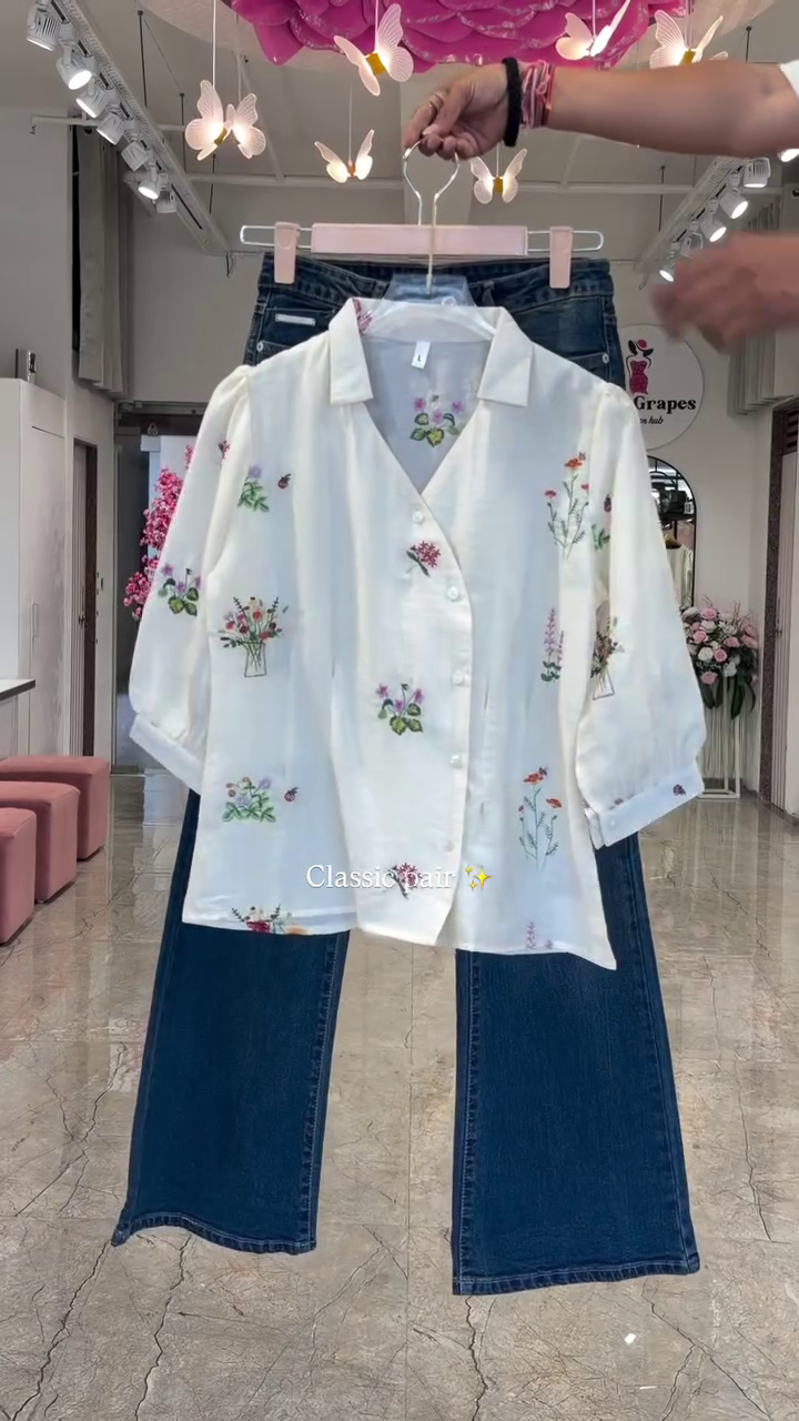🤍🌿  Elegant Botanical Embroidered Shirt & Wide-Leg Denim Trouser Smart Casual Fashion Combo Set 🌿🤍✨
