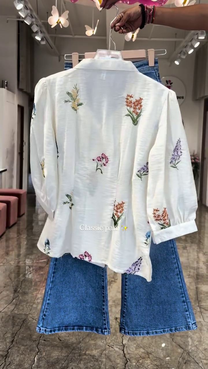 🤍🌿  Elegant Botanical Embroidered Shirt & Wide-Leg Denim Trouser Smart Casual Fashion Combo Set 🌿🤍✨